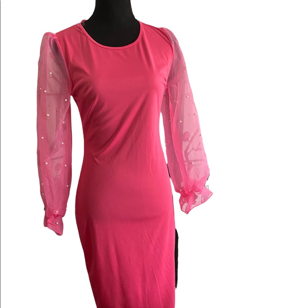 Be pretty in pink wearing dress with sheer pearl embellished sleeves